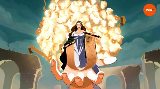 Steam Winter Sale 2023 best games - Blasphemous 2: A woman holding a large scroll stans on a giant hand. A cloud of child-like heads appear in a ball of light behind her.