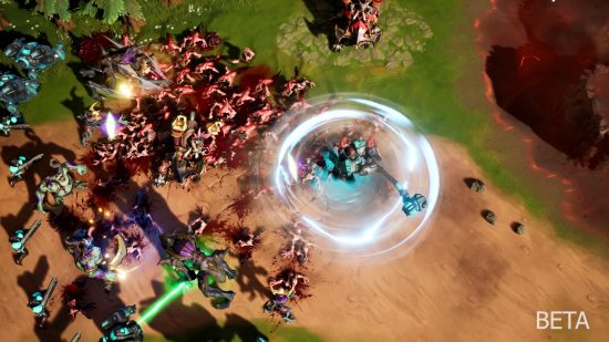 Stormgate - A giant warrior swings a hammer around themselves in a circle to deimate waves of Infernal Host troops in this RTS spiritual successor to Starcraft.