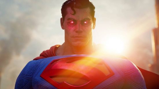 Superman with glowing red eyes looks angrily into the camera