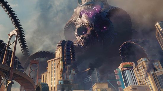 A huge alien monster with metallic tentacles destroys some buildings in a city area