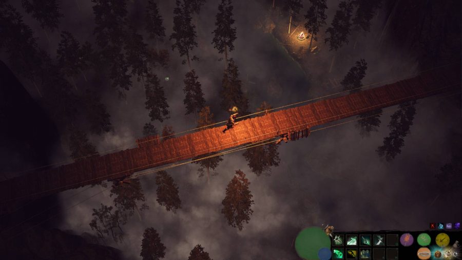 Svarog's Dream: A man with a torch crossing a wooden bridge