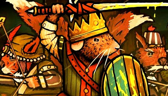 Tails of Iron: Bright Fir Forest - A rat wearing a crown holds up a sword and shield, flanked by two more animals with bows standing behind him.