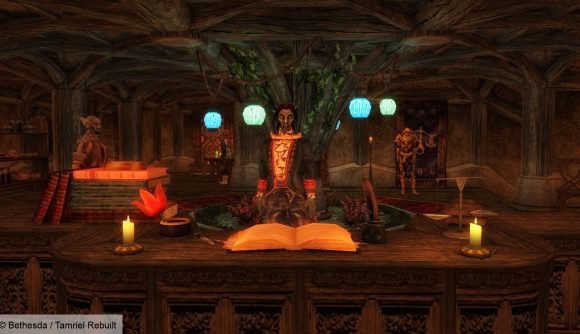 A man standing behind an elborate desk, with a magical book in front of him. Various eerie lights are around the room.