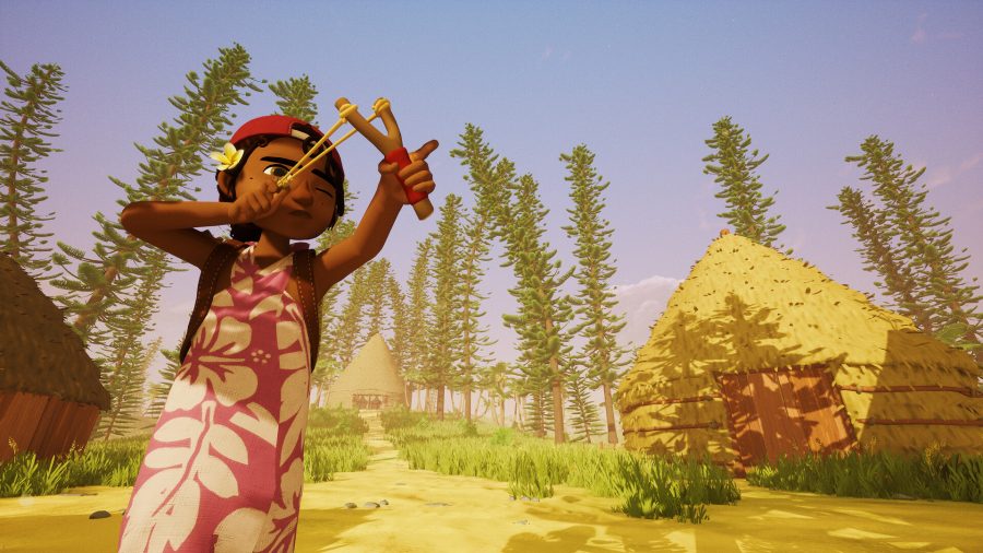Tchia: A cartoon girl in a pink and white flower patterned dress raises a slingshot in a yellow plains area
