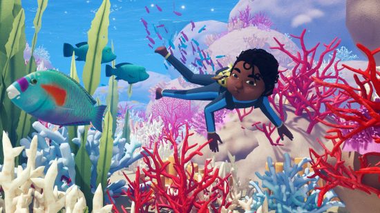 Game Awards nominated Tchia finally gets long-awaited Steam release: A young child swims underwater amid coral reefs as he looks at a green fish
