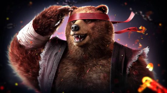 One of the Tekken 8 characters is Kuma, a bear who is saluting and wearing a black karate gi and a red belt on his head.