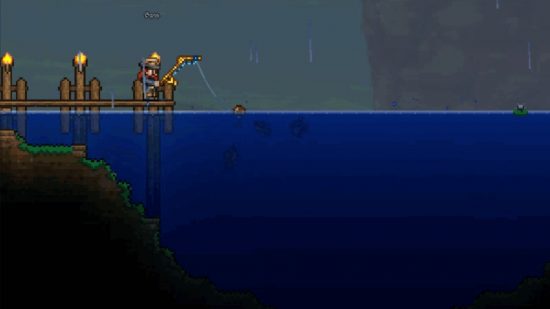 Terraria 1.4.5-Update beinhaltet Angel-Upgrade – Eine Person steht auf einem Pier und fischt.  Man sieht mehrere Fische, die im Wasser auf ihre Schwimmkörper zuschwimmen.