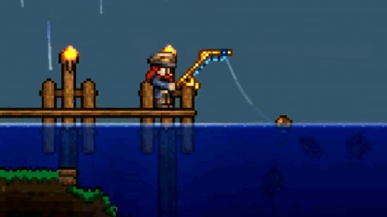Terraria 1.4.5 update gives fishing a welcome upgrade - A person stands on a pier fishing with a golden rod. Three fish in the water can be seen swimming up towards the bobber.