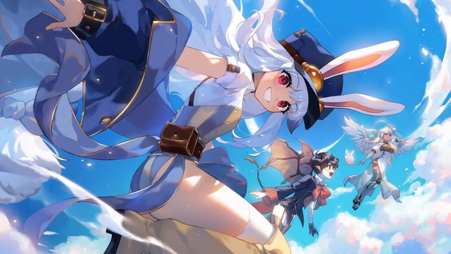 Tevi: A young anime girl with long white hair wearing a navy cap with white bunny ears looks into the camera with red eyes smiling as she flies through a blue sky with other characters behind her