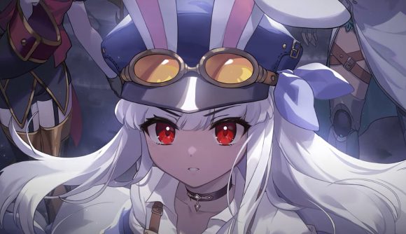An anime girl with red eyes and white hair wearing a conductor's cap with bunny ears with long white hair looks past the camera frowning