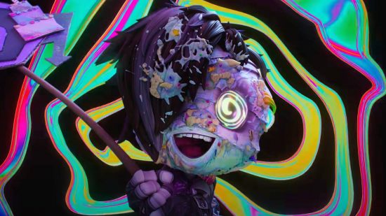A cute little mummy creature covered in birthday cake with glowing spiral eyes stands on a colorful wavy background smiling joyfully