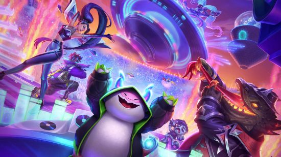 A collection of TFT characters partying in a disco environment with a huge flying sauces above them