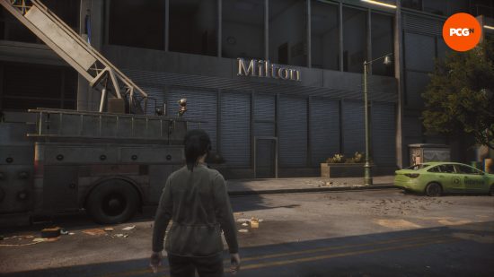 The Day Before's definitely-not-AI ads are its best feature: A woman in combat gear standing in front of a Milton hotel, with a font that looks like 'Hilton' 