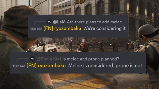 The Day Before melee: a background shot from the game, with the forground showing a Fntastic dev talking about melee on Discord
