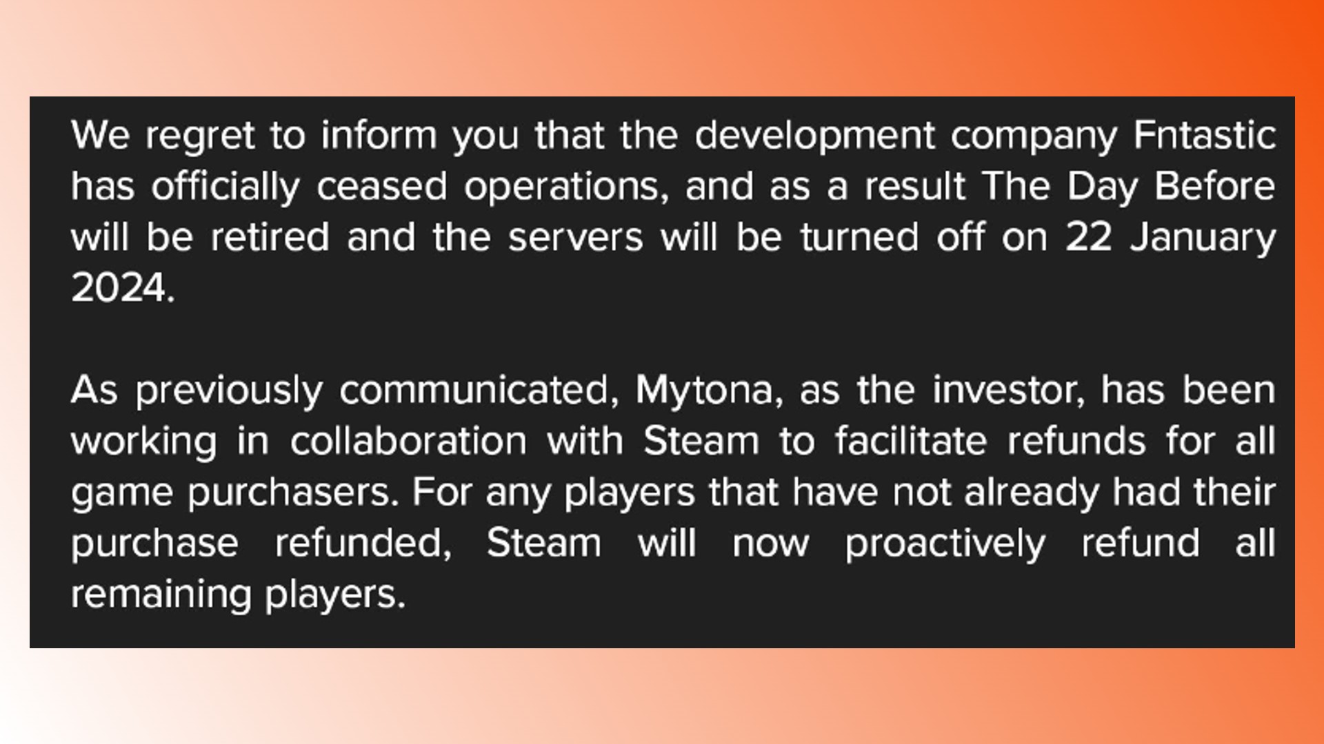 The Day Before servers shut down: A statement from The Day Before developer Fntastic about the servers for the Steam survival game