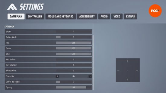 The Finals crosshair settings in the gameplay section of the options menu.