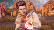 The Outer Worlds free: The Outer Worlds companion Ellie firing her gun.