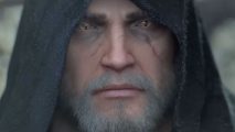 The Witcher 4 Cyberpunk 2077: a close up of a man with a black hood, white stubble, a scar on his cheek, and yellow eyes