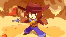 Undertale Yellow: a cartoon image of a young person dressed like a cowboy holding a revolver