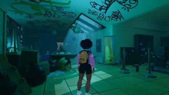 Usual June release date: a woman stands in a graffiti-covered hallways, bathed in green light.