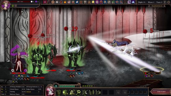 Una escena de batalla entre un personaje angelical y varias criaturas con armadura negra rodeadas por un aura verde.