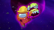 A hard hat-wearing bean creature from Among Us, in space, towing two objects.
