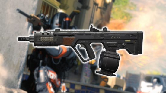 Best RAM 7 loadout Warzone: a large assault rifle with a drum style magazine.