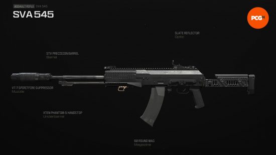 Best SVA 545 loadout: a black assault rifle with a huge suppressor attached to the muzzle.