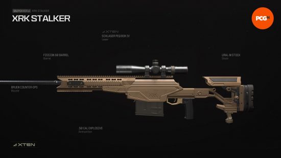 Best XRK Stalker loadout: a long beige rifle with a large scope.