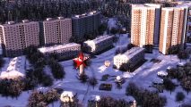 Workers and Resources Soviet Republic - A snow-covered town with a large statue of a red star in its square, in the deep simulation city builder from 3Division and Hooded Horse.