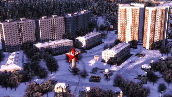 Workers and Resources Soviet Republic - A snow-covered town with a large statue of a red star in its square, in the deep simulation city builder from 3Division and Hooded Horse.