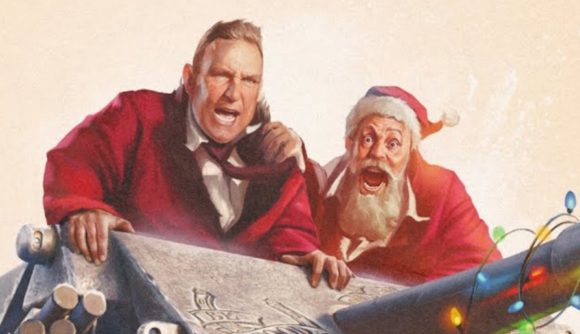 World of Tanks Christmas ambassador Vinnie Jones riding on top of a tank alongside Santa.