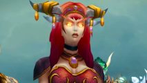 WoW Cataclysm Classic may have LFR, but only for one raid: A white woman with long flowing red hair, golden glowing eyes, and huge cured horns stands on a pale blue background
