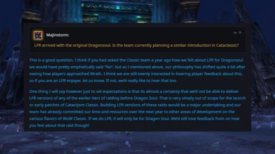 A Blizzard forum post from a WoW Classic Game Producer discussing LFR in World of Warcraft Cataclysm Classic