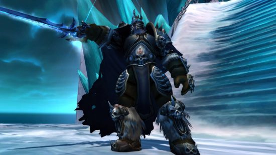 WoW Classic's Joyous Journeys buff has gone missing, fix incoming: A huge man in black armor holds out his sword in a frozen area with steps behind him