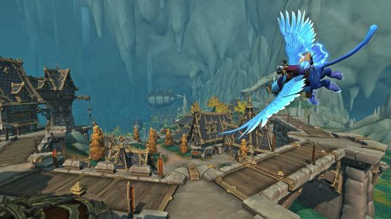 WoW The War Within release date: An elf swoops low over a town astride the Algarian Stormrider mount, available in the Heroic edition of the expansion.