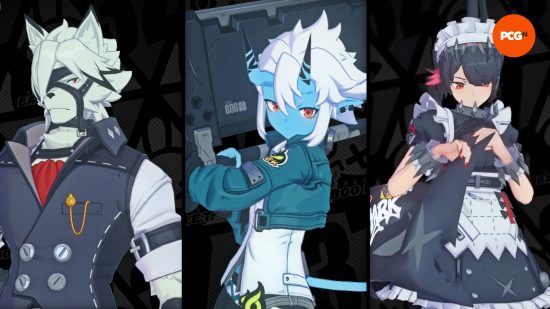 Zenless Zone Zero team comps: Lycaon, Soukaku, and Ellen as they appear on the character selection screen.