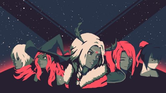 Image of a line of women on a starry night background with red and white hair.