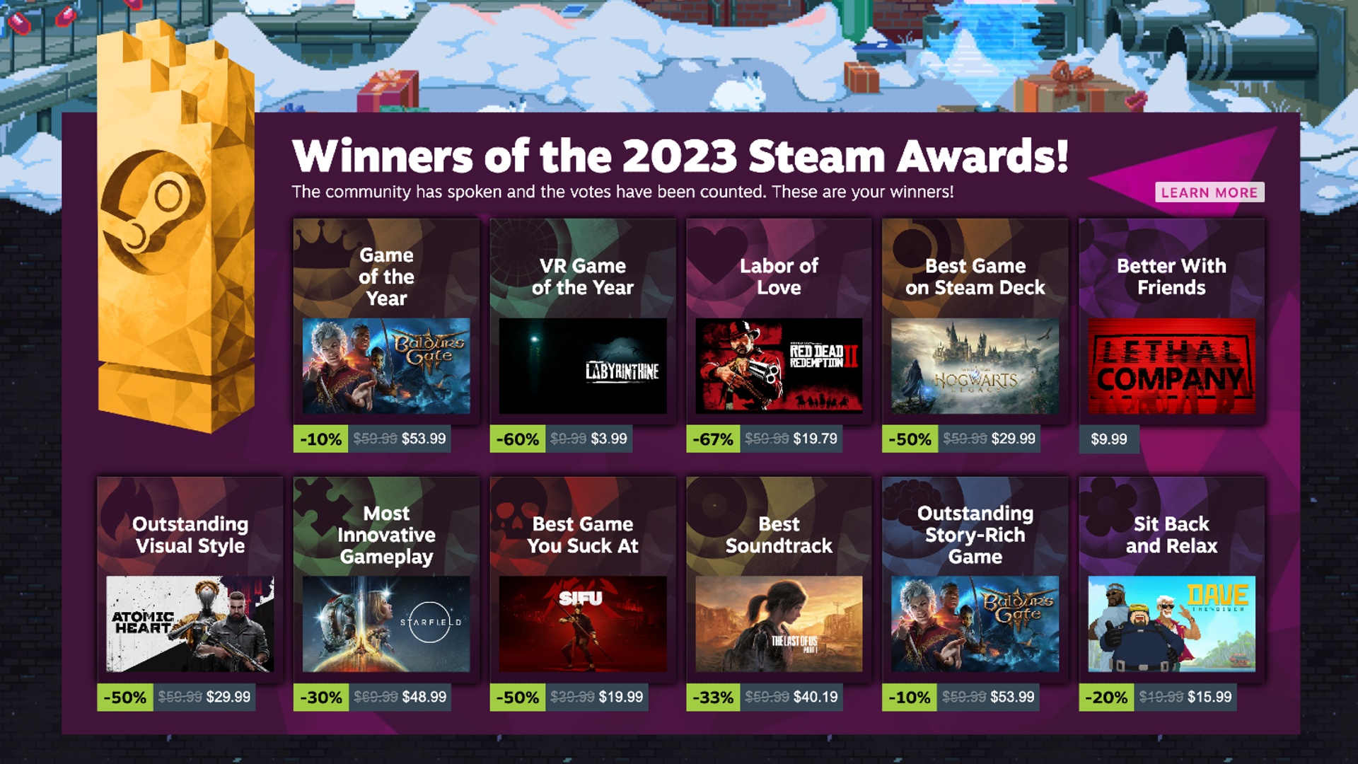 2023 Steam Awards: A screenshot of the Steam storefront showing which games won this year's awards from Valve