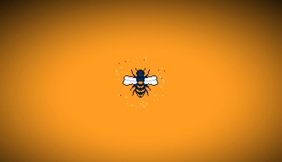 Apico free game: A black and yellow bee with white wings sits against a deep yellow backdrop, white spots surrounding it