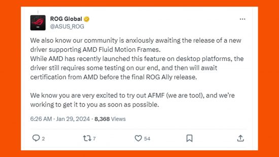 Asus ROG Ally frame generation update tweet