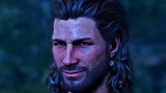 Baldur's Gate 3 update: Gale, a man with long swept-back wavy brown hair, smiles, his earrings glistening in the moonlight