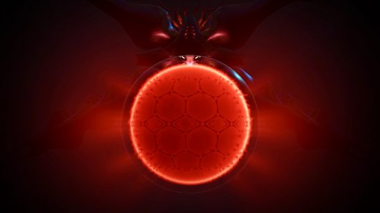 Cocoon sale: A bright red circle with an ominous dark presence behind it, with seemingly glowing eyes