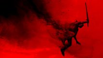 Dawnwalker: A bright crimson-red background showing a shadowy figure jumping with a sword held up in one hand, black smoke following behind
