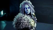 Destiny 2 appearance: A woman with light blue skin and similar hair looks ahead, a fur hood around her collar and her eyes glowing