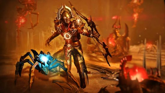 Diablo 4 pet Seneschal: A mechanical steampunk-like man with a golden exterior stands beside a mechanical construct pet companion