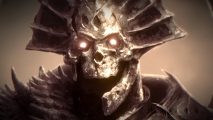 Diablo 4 Season of the Construct: A skull that looks to be made of stone stares ahead with empty, glowing yellow eyes and a gaping mouth