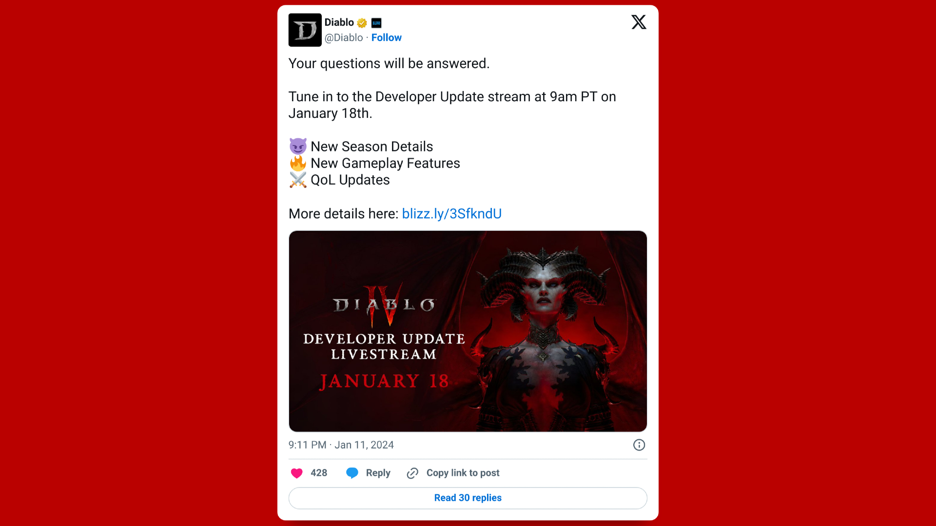 Diablo 4 season 3 reveal date announcement from Blizzard on Twitter