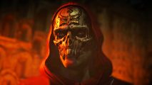 Diablo 4 season 3 reveal: A man wearing an ornate skull-like mask and deep red hood stares ahead, his background blurred