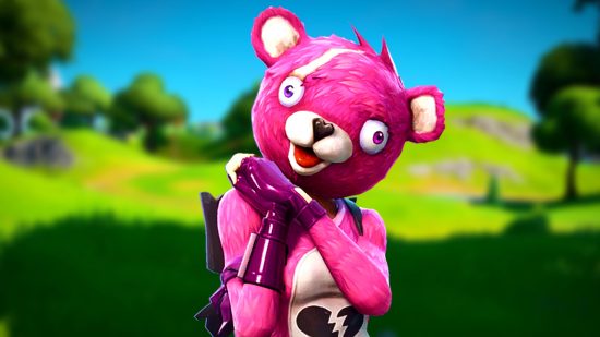 Fortnite invite: A person wearing a pink bear suit stands facing forward with their hands clasped at their shoulder, a grassy background behind them
